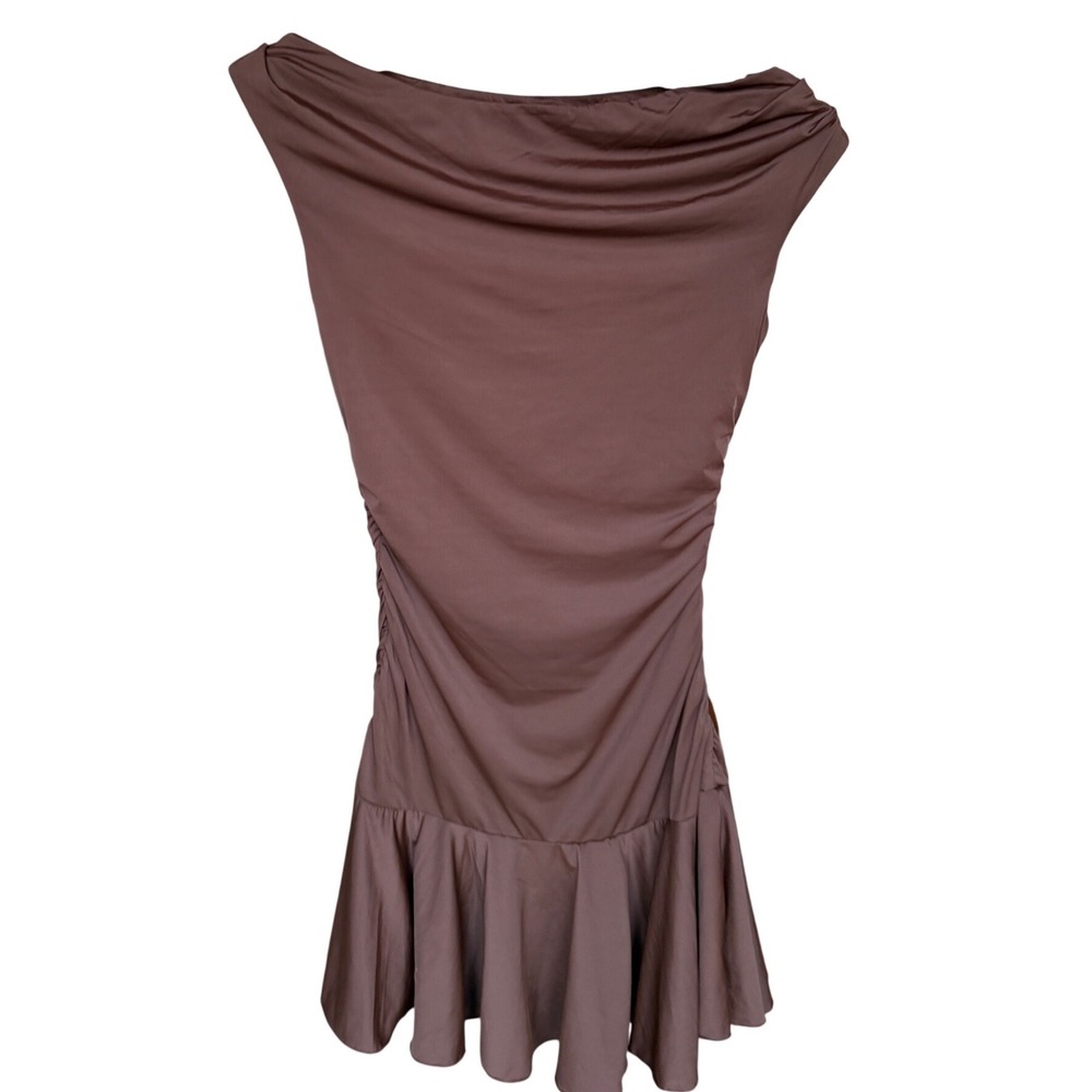 Bar III Womens Brown Ruched Cowl Neck Ruffle Hem Bodycon Mini Dress Size S - Picture 4 of 10
